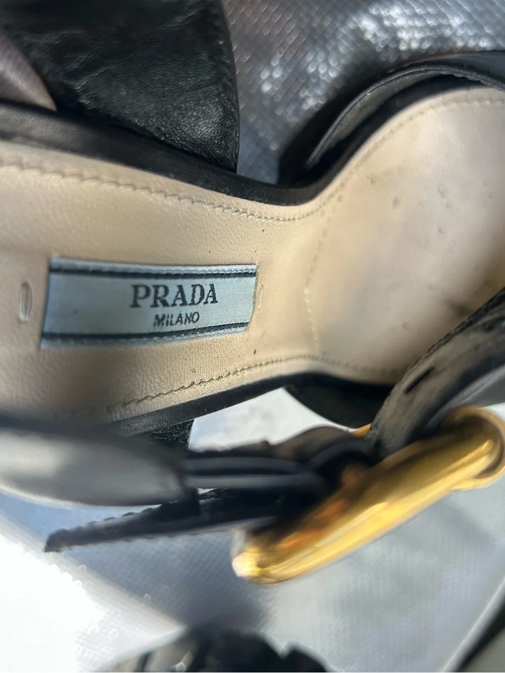 Prada Black Leather Crisscross Wedge Sandals (high heels) with Gold Buckle